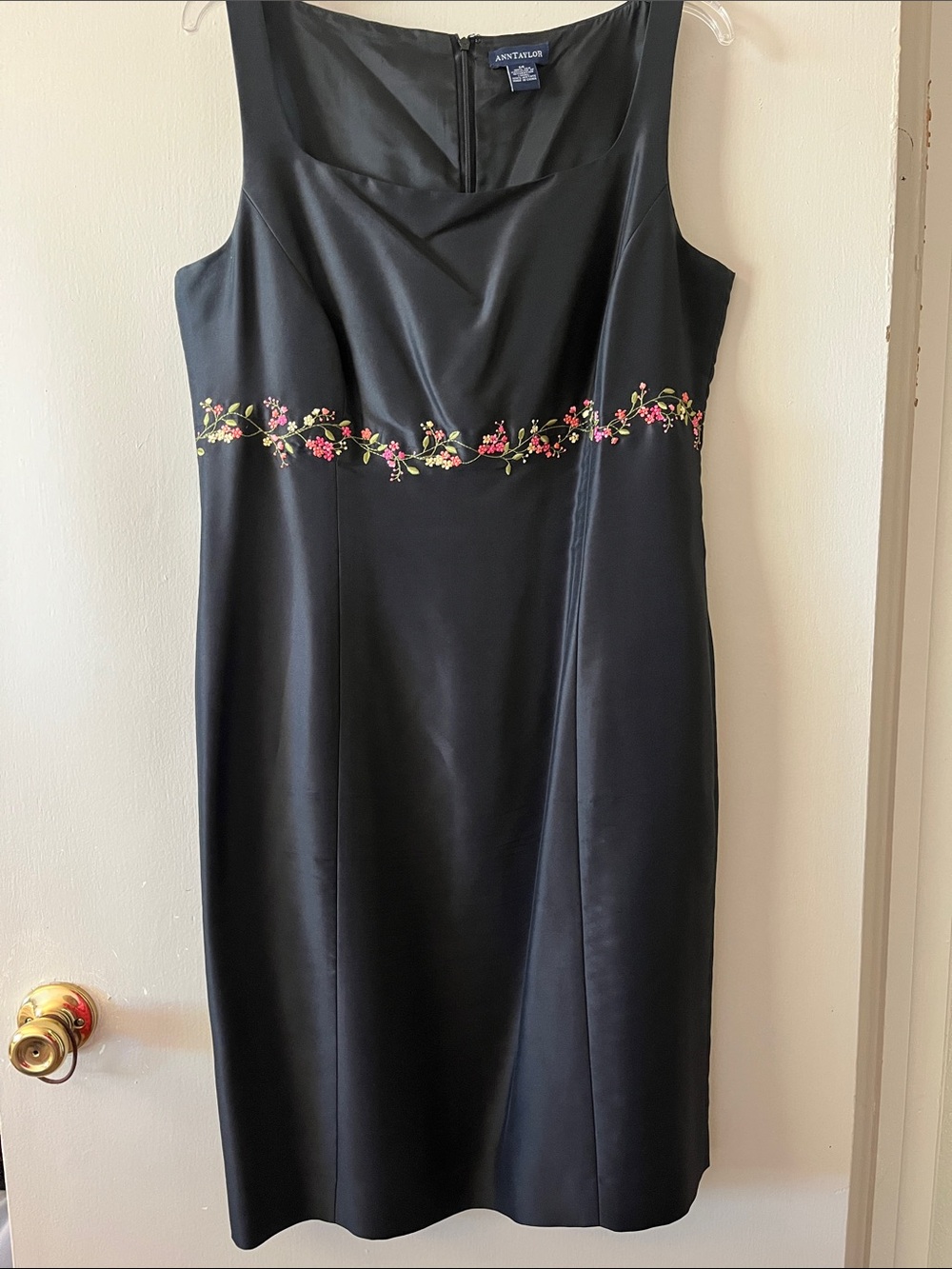 Vintage Y2K Ann‎ Taylor Black Silk Floral Embroidered Midi Dress Size 14